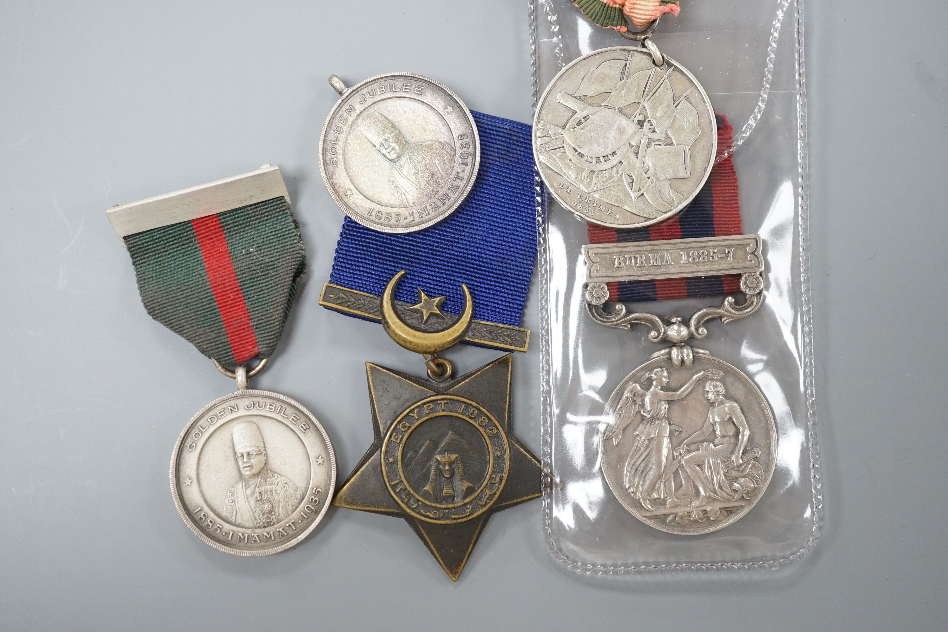 An India GSM with Burma 1885-7 clasp to 1167 Clr. Sergt. Doidge (or Dadge) 2d. Bn. L’pool R. together with a Turkish medal for the Crimean war and a Khedive’s bronze star (1882)